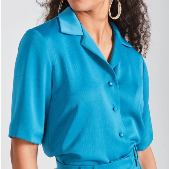ZENA PRESLEY Teal Satin Drapey Button Front Shirt Top Mob Wives - Women's Sz M - Picture 1 of 11